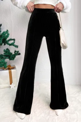 Black Solid Colour High Waist Flare Corduroy Pants