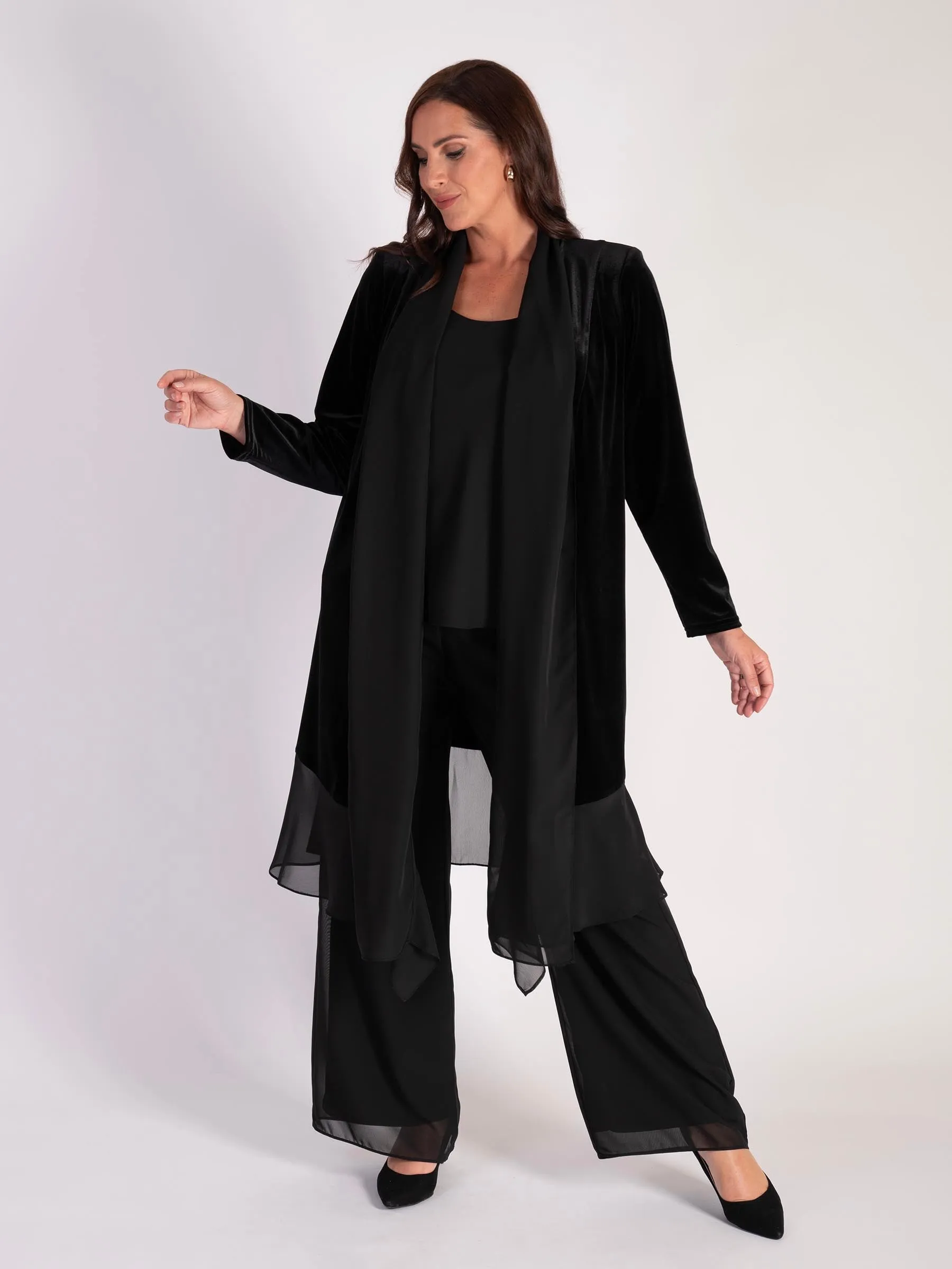 Black Stretch Velvet Long Coat with Chiffon Contrast Trim