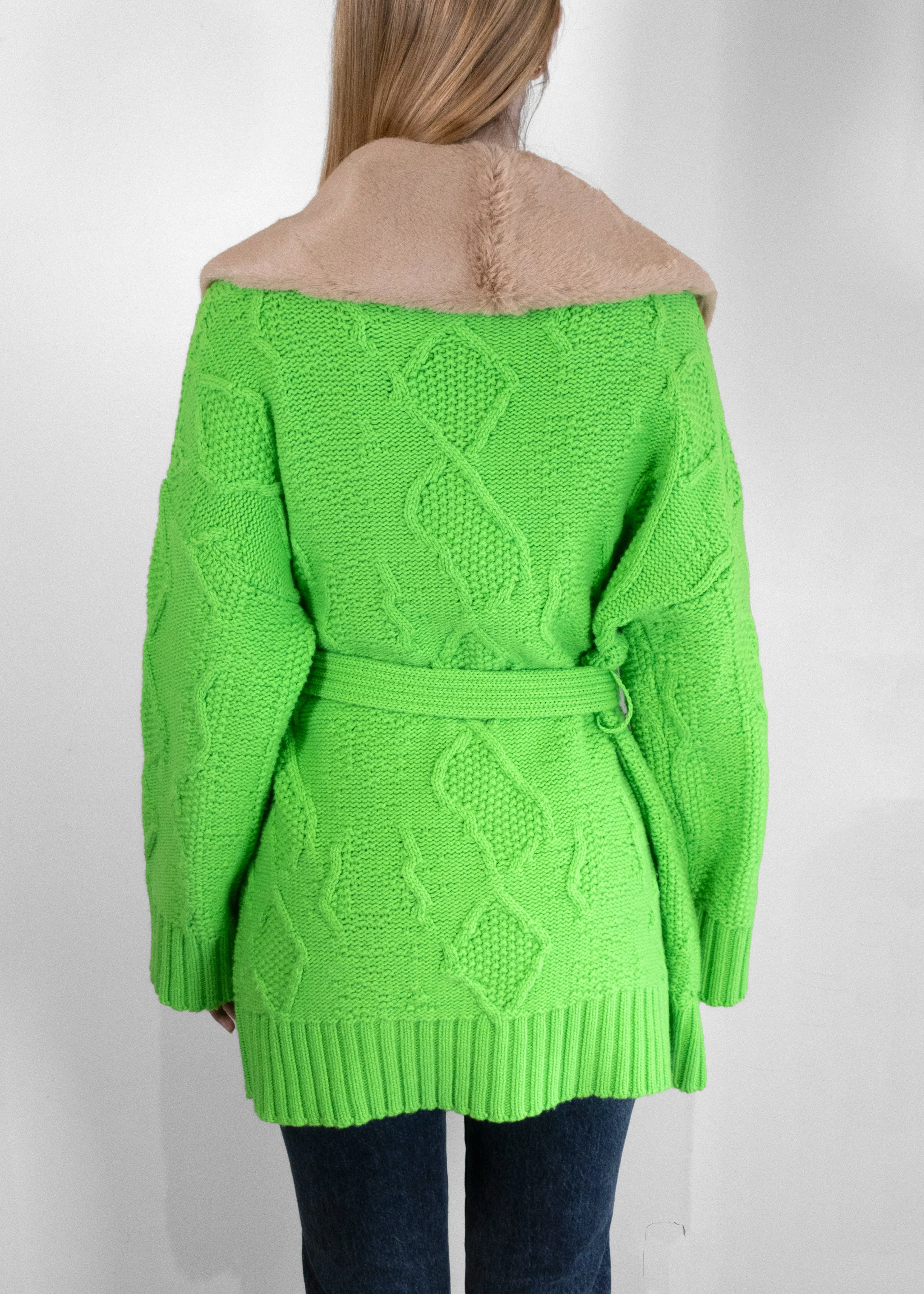 Blumarine Faux Fur-Trimmed Green Wool Cardigan