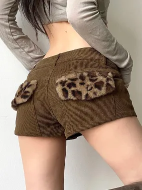 Bonnyshow Patchwork Leopard Chic Y2K Corduroy Short Women Simple All-Match Button Mini Low-Waist Pants