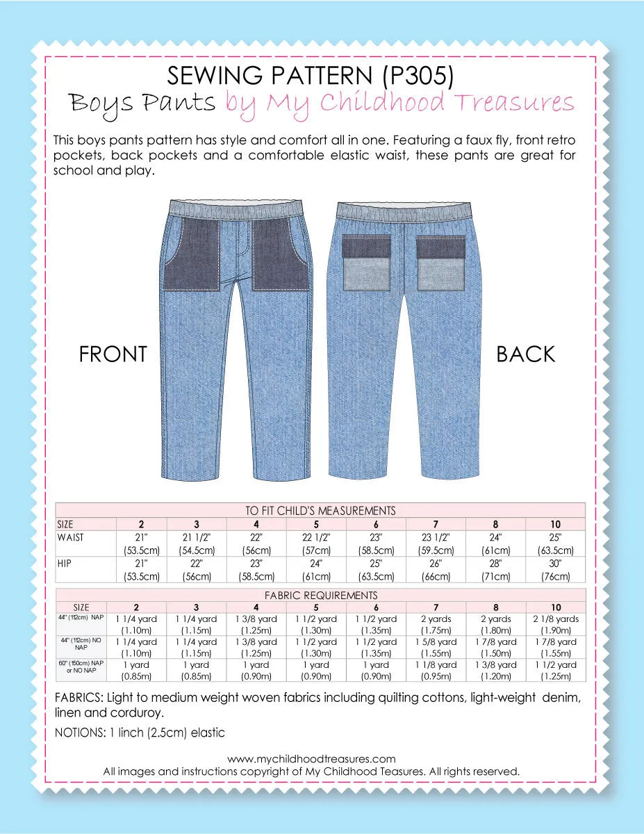 Boys Long Pants Sewing Pattern (P305)