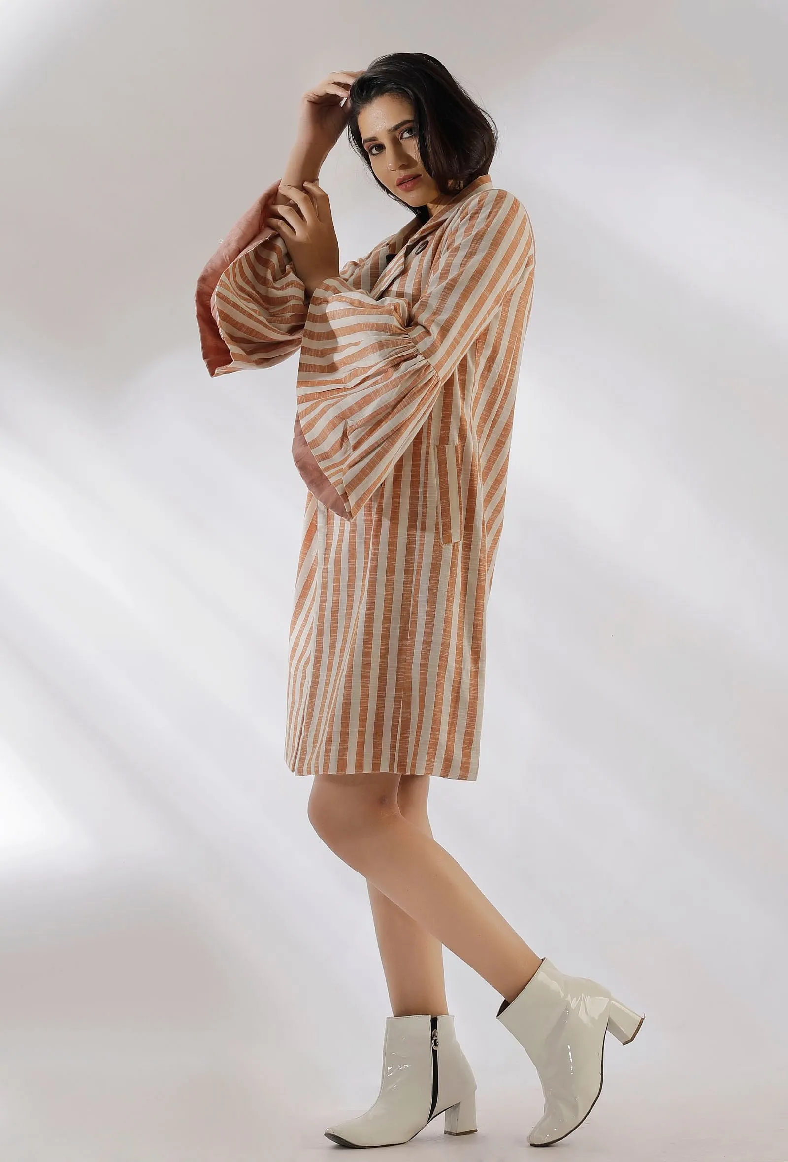 Brillie Brown Stripe Pure Woven Cotton Trench Coat