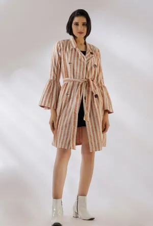 Brillie Brown Stripe Pure Woven Cotton Trench Coat