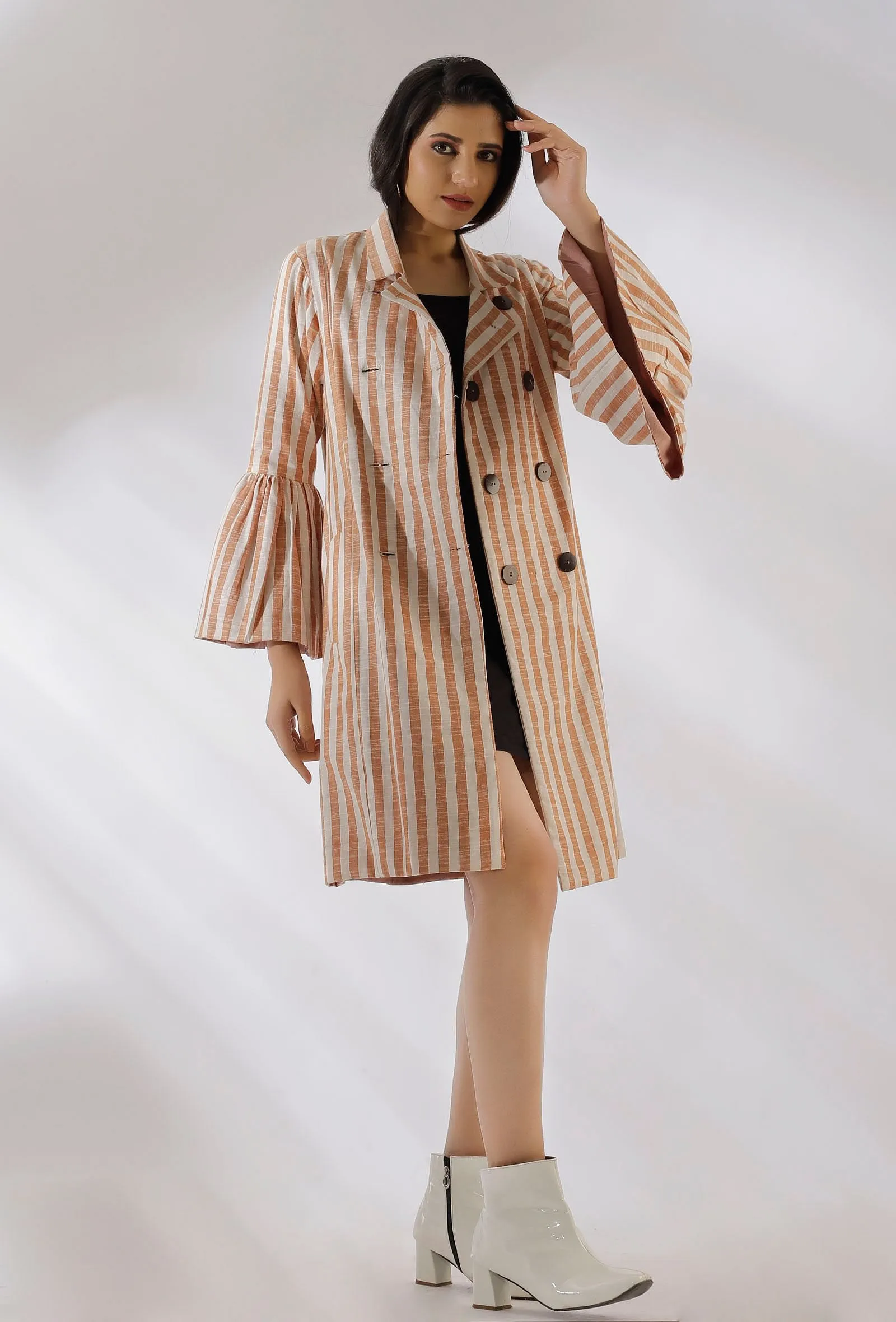 Brillie Brown Stripe Pure Woven Cotton Trench Coat