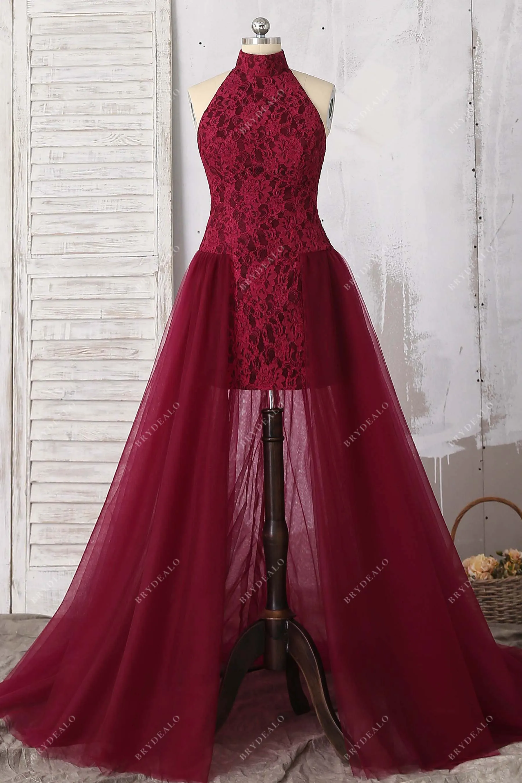 Burgundy Lace Halter Bodycon Tulle Overskirt Dress