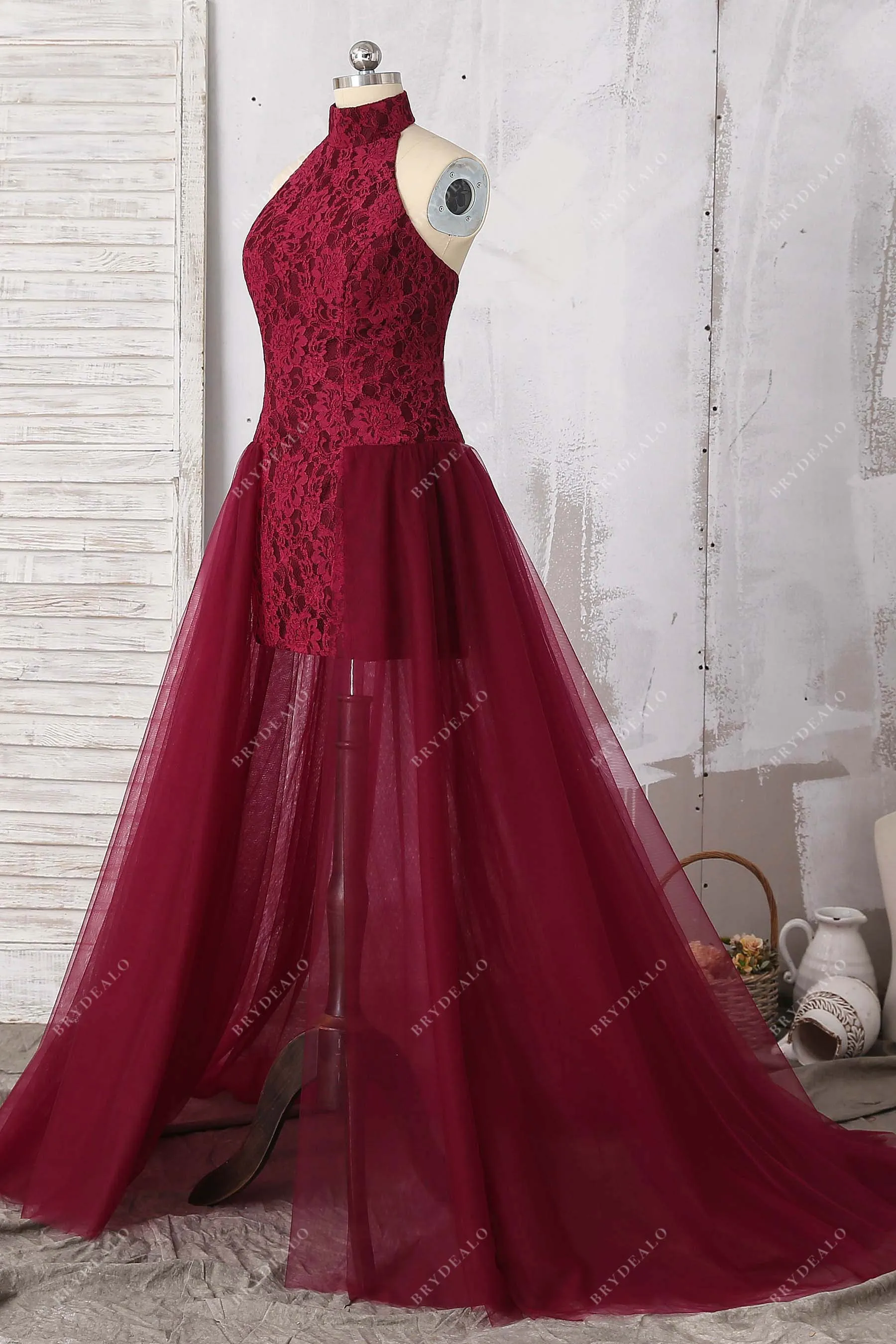 Burgundy Lace Halter Bodycon Tulle Overskirt Dress