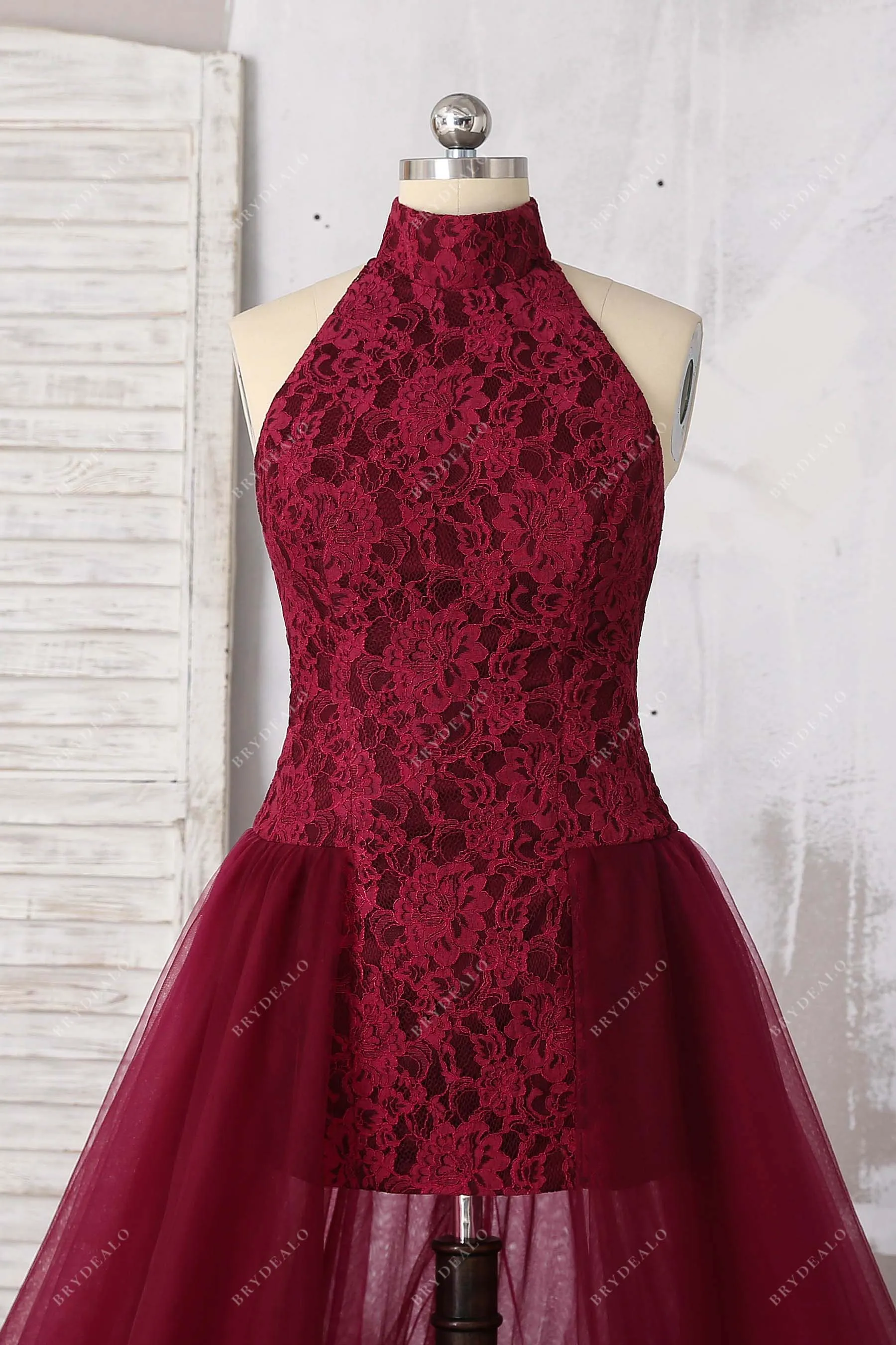 Burgundy Lace Halter Bodycon Tulle Overskirt Dress