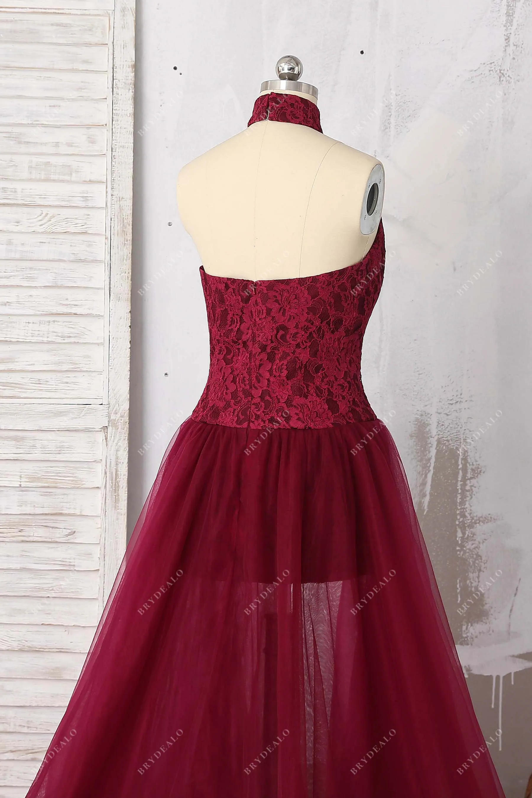 Burgundy Lace Halter Bodycon Tulle Overskirt Dress