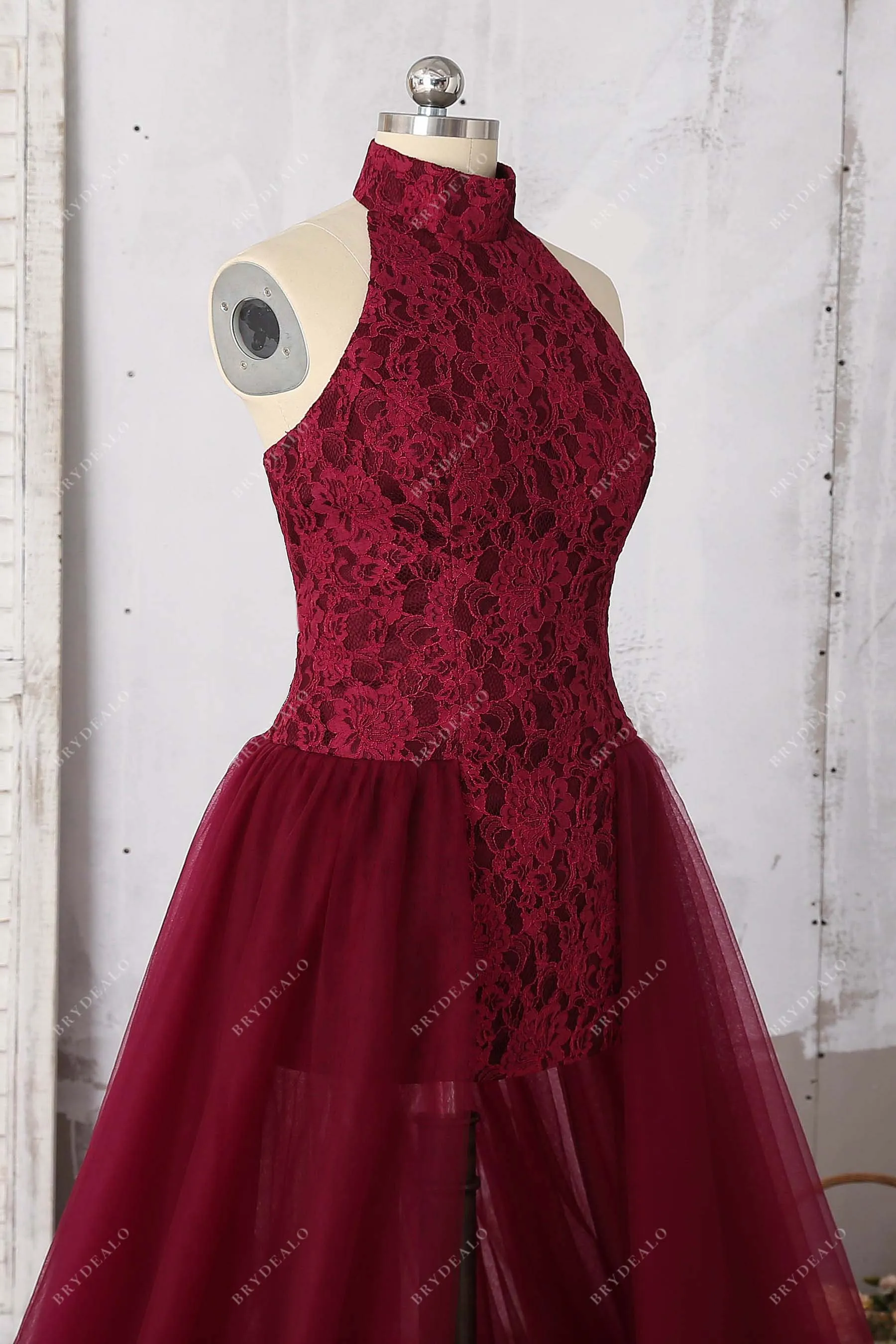 Burgundy Lace Halter Bodycon Tulle Overskirt Dress