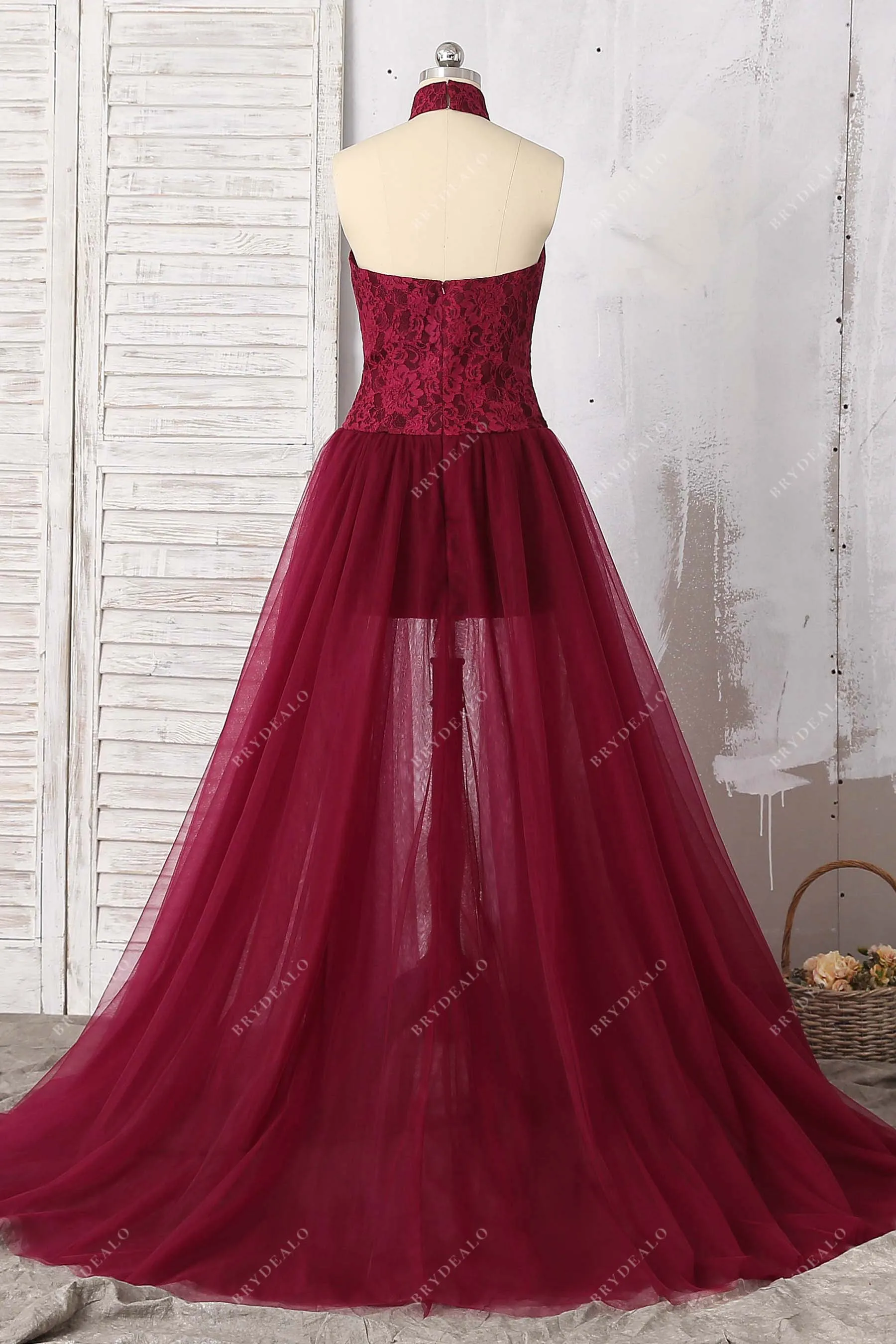 Burgundy Lace Halter Bodycon Tulle Overskirt Dress