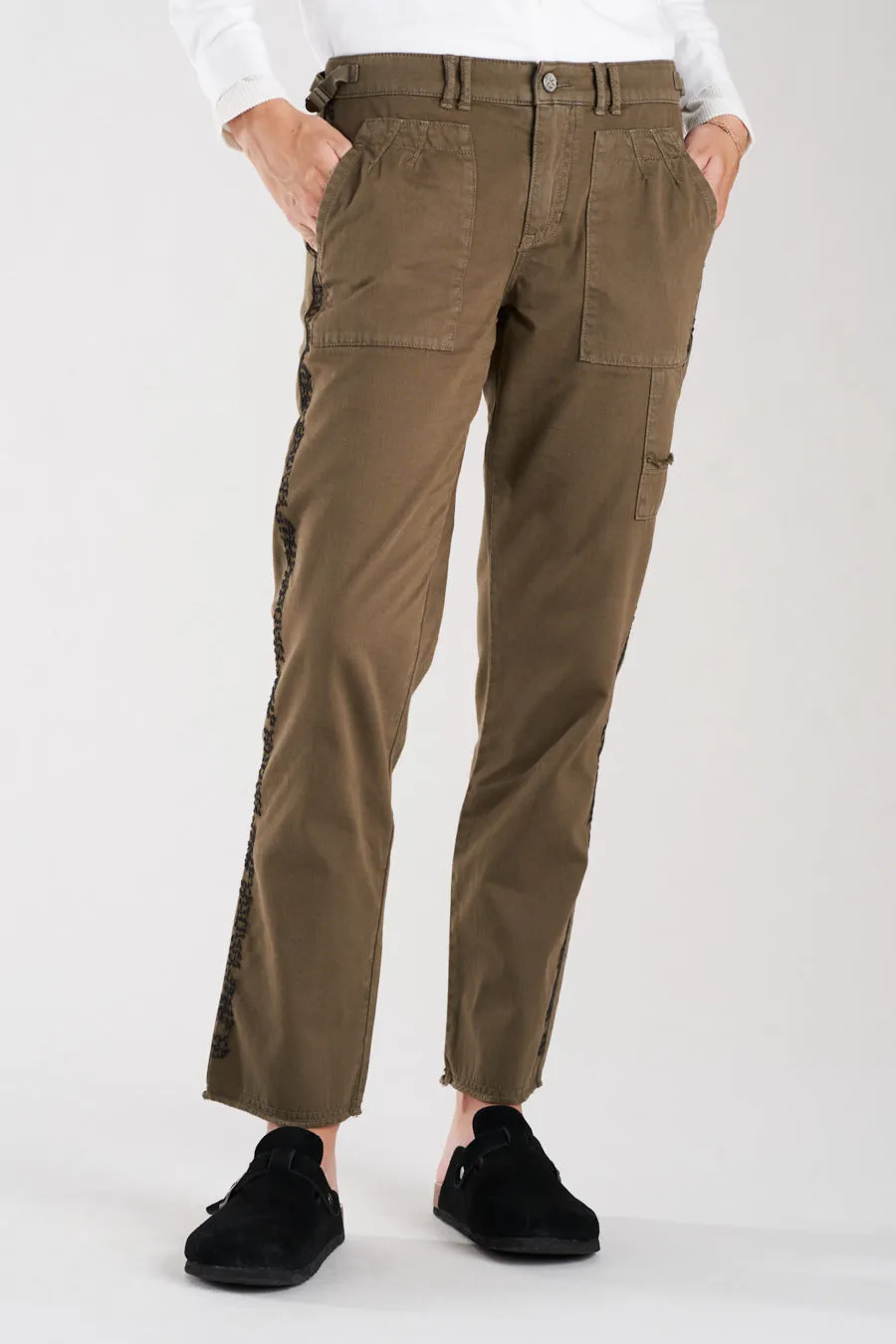 Cargo pants with embroidery in New Olive