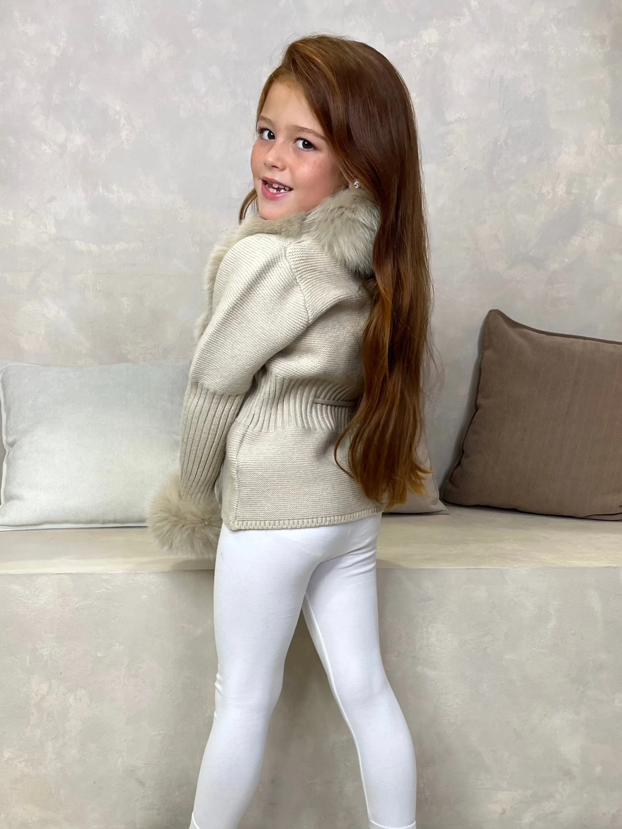 Childrens Beige Luxury Fur Cardigan