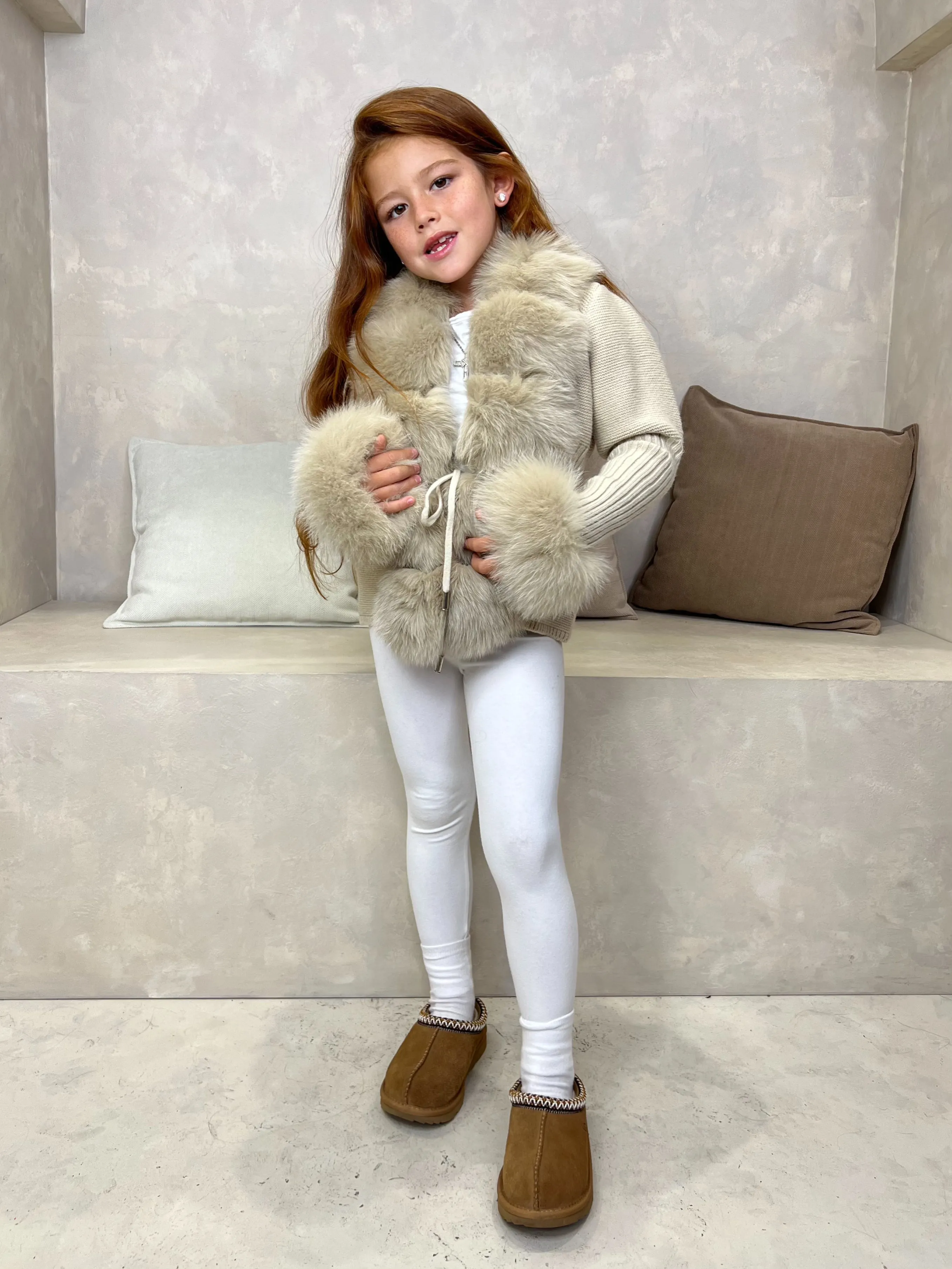 Childrens Beige Luxury Fur Cardigan