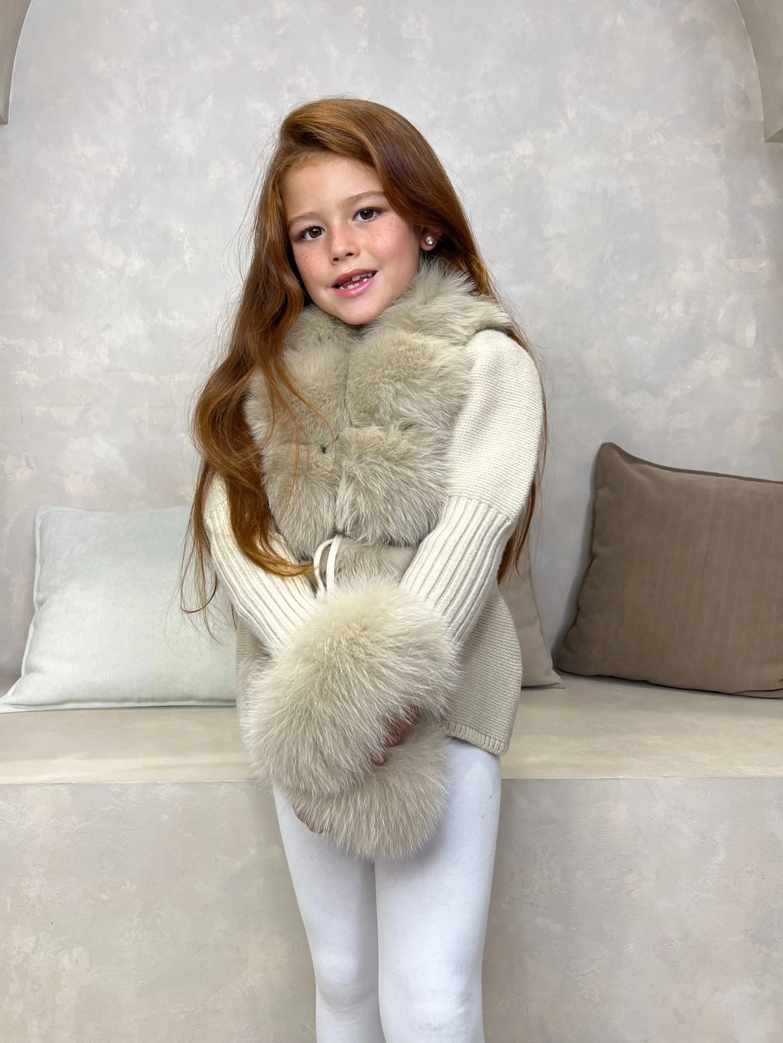 Childrens Beige Luxury Fur Cardigan