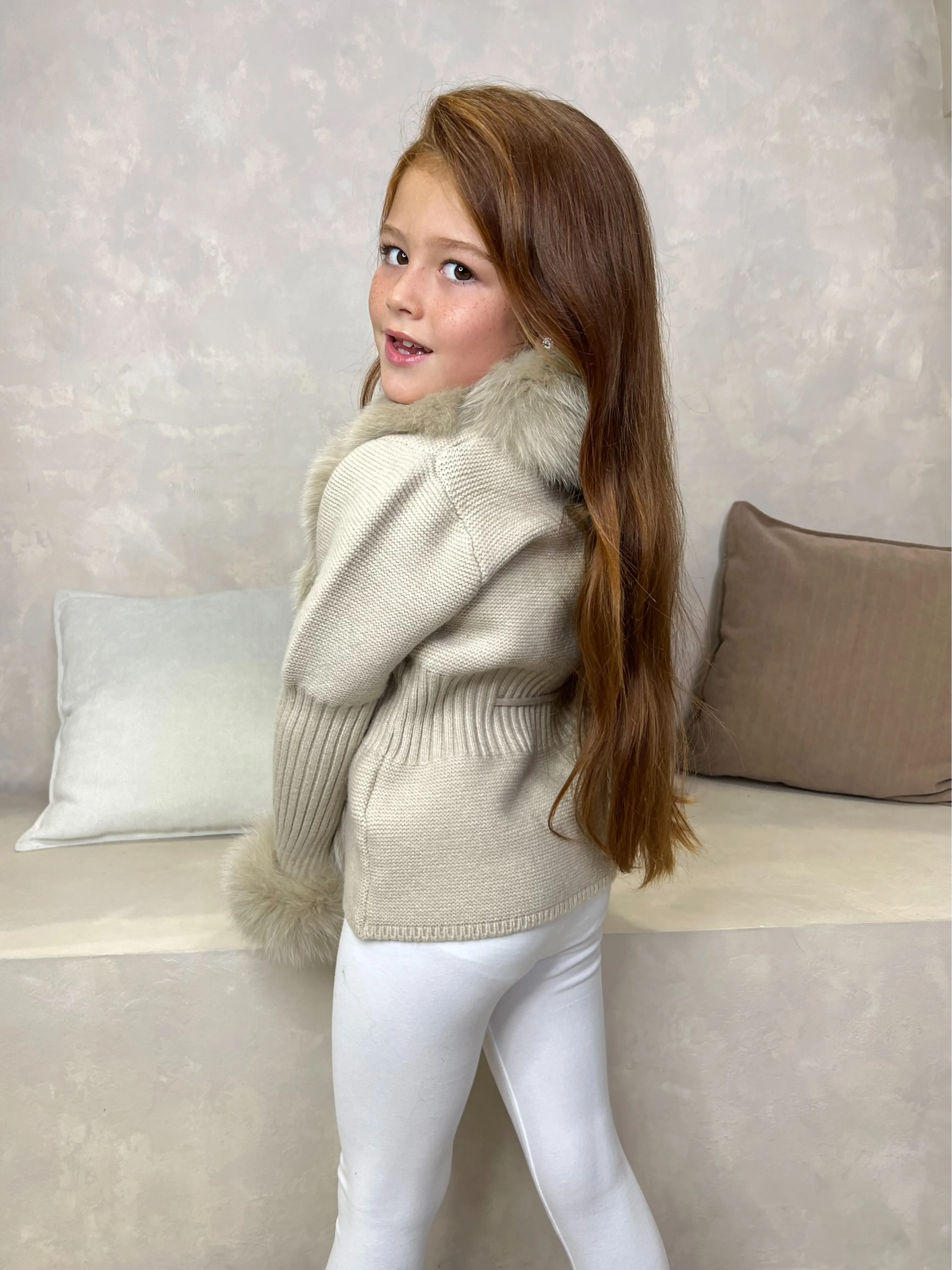 Childrens Beige Luxury Fur Cardigan