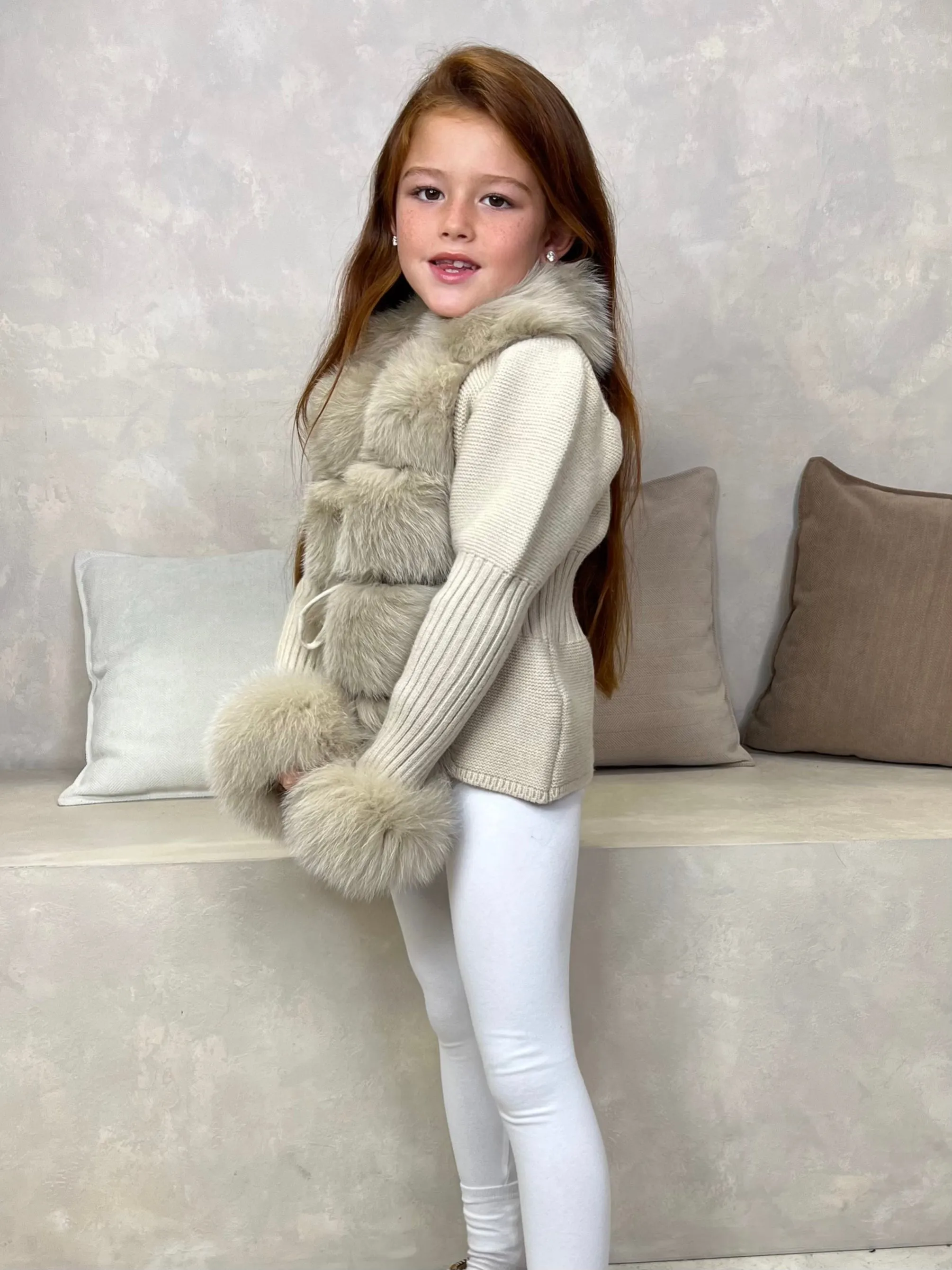 Childrens Beige Luxury Fur Cardigan