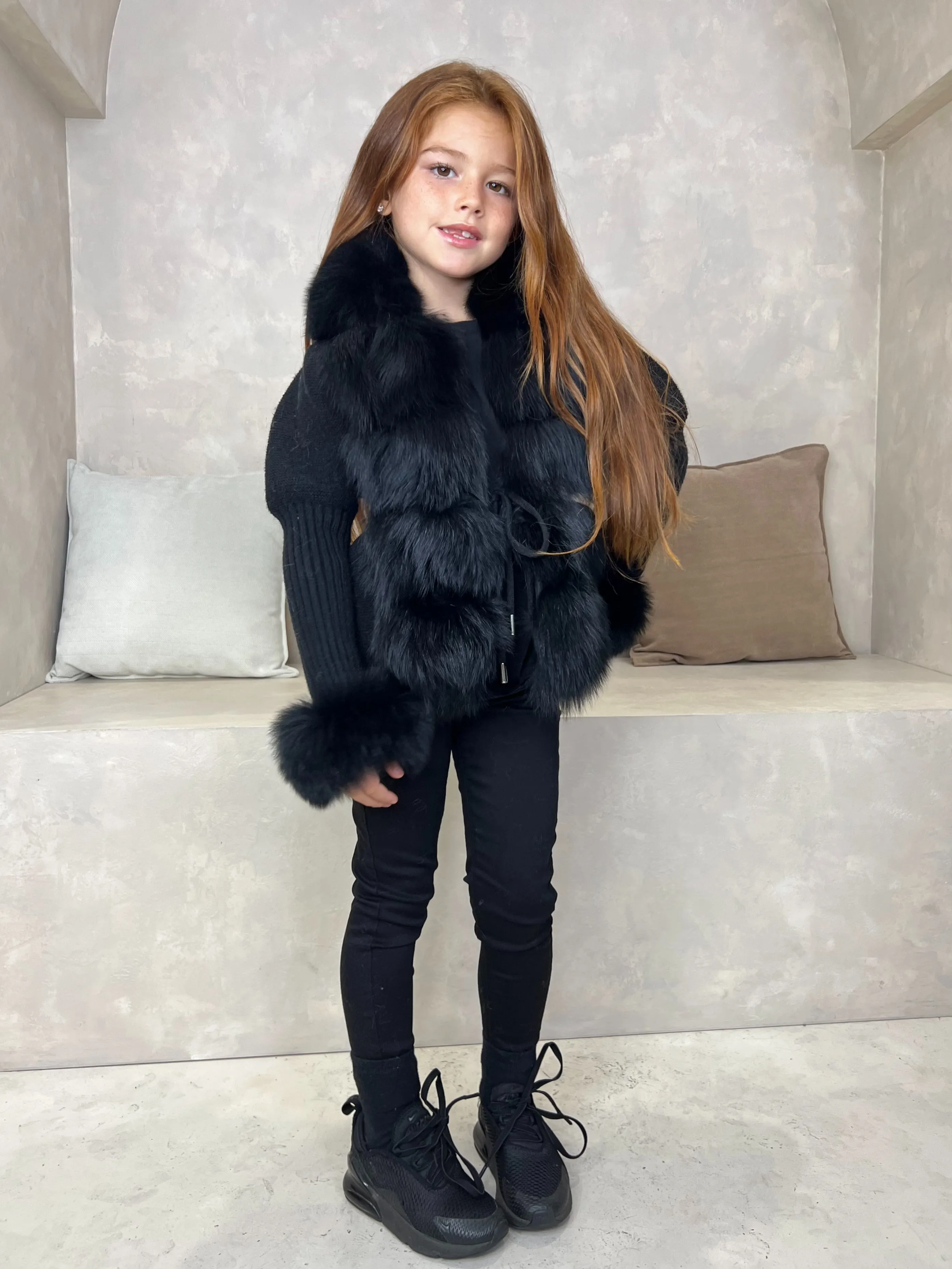 Childrens Black Luxury Fur Cardigan