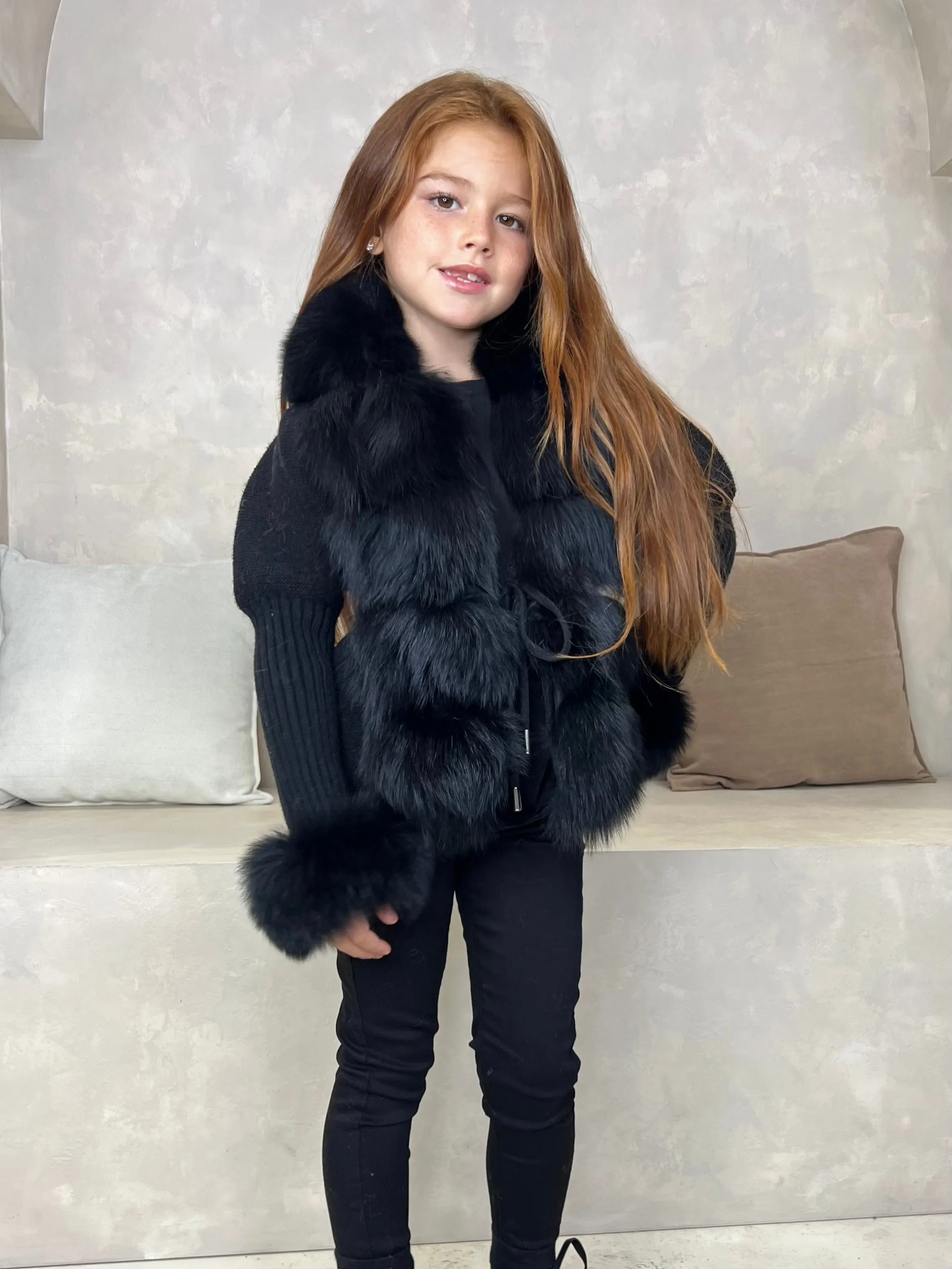 Childrens Black Luxury Fur Cardigan