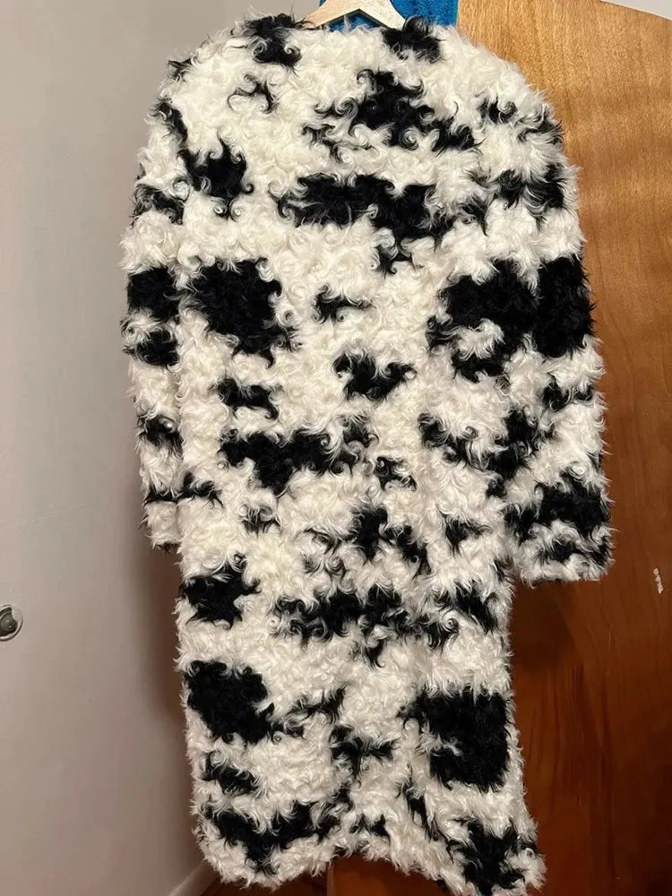 Contrast O-Neck Long Sleeve Faux Fur Coat