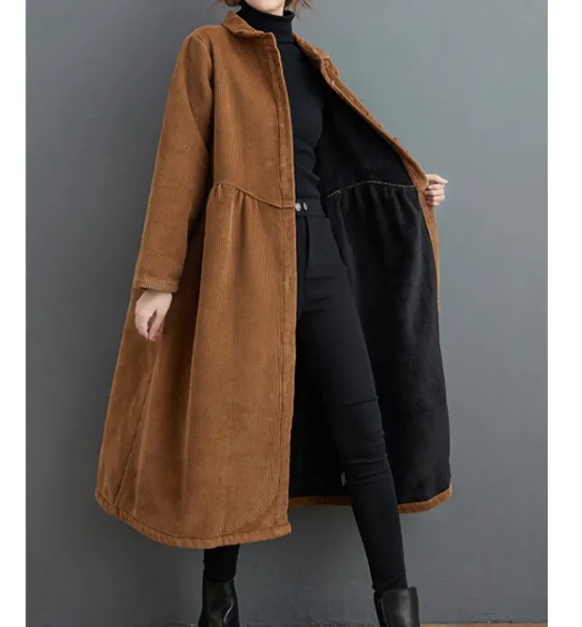 Corduroy Winter Autumn Women Casual Coat Loose Long Trench Coat Jacket