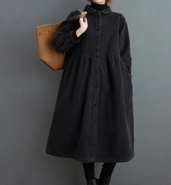 Corduroy Winter Autumn Women Casual Coat Loose Long Trench Coat Jacket