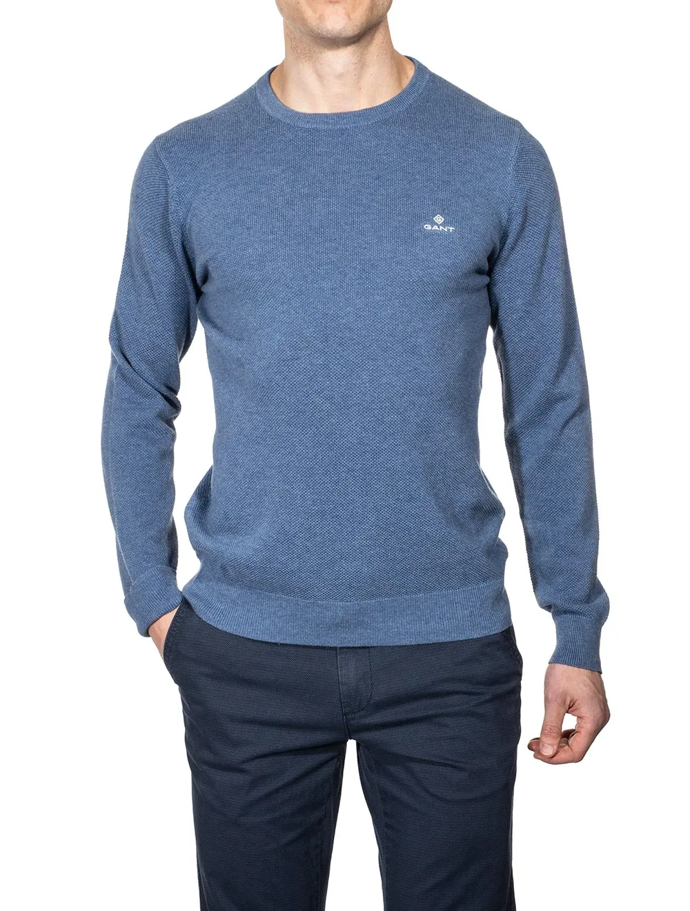 Cotton Piqué Crewneck Sweater Denim Blue Mel