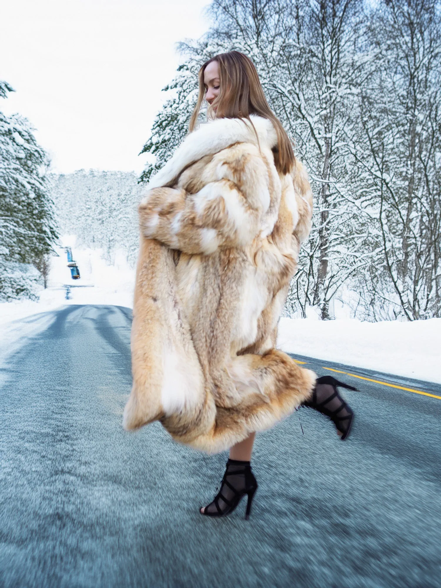 Coyote Fur Coat Coats White Fox Trim Shawl Collar Detachable Belt S