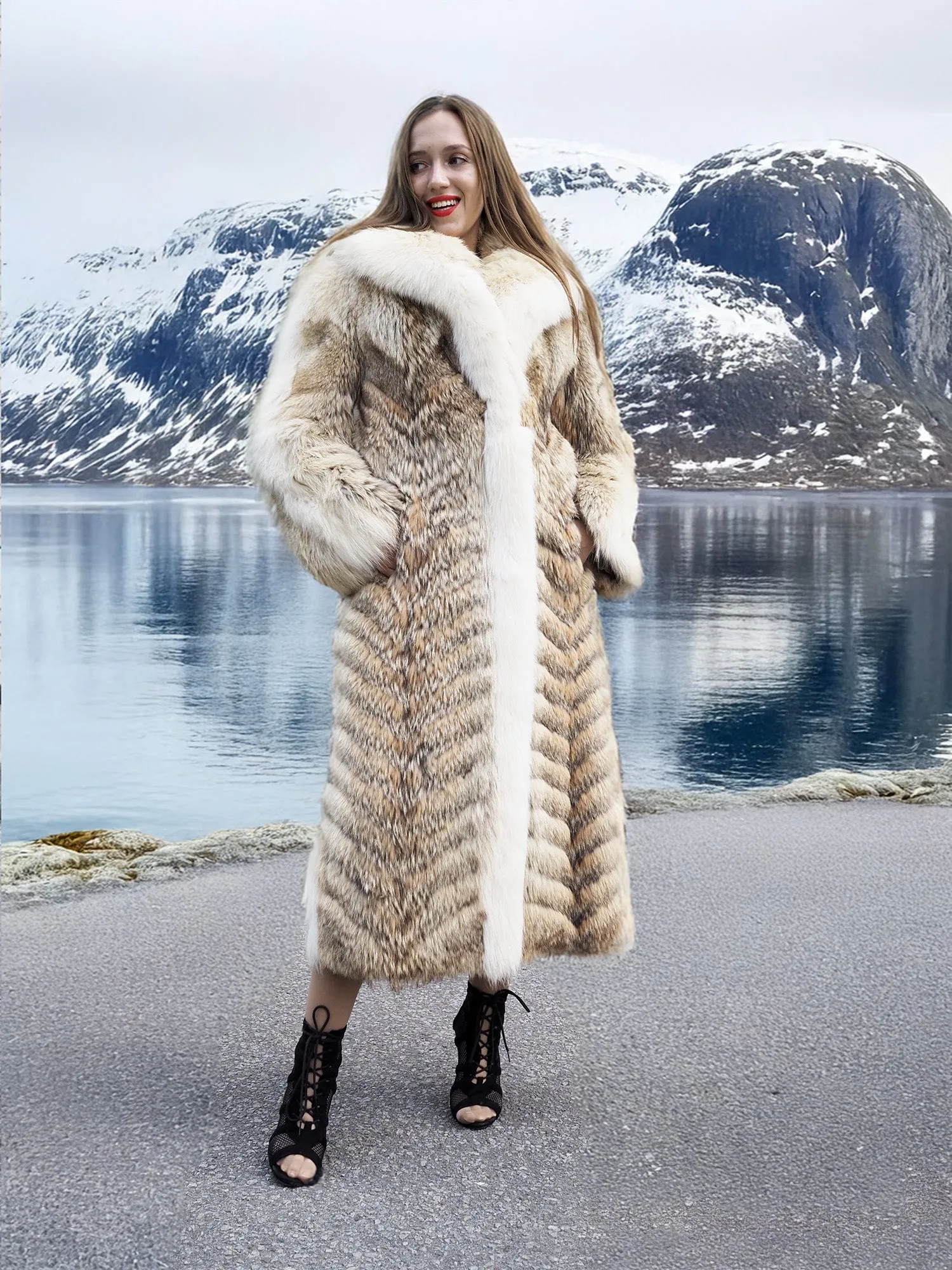 Coyote Fur Coat Coats White Fox Trim Shawl Collar S