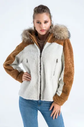 Cream Sheepskin Hooded Jacket with Racoon Fur Detailing