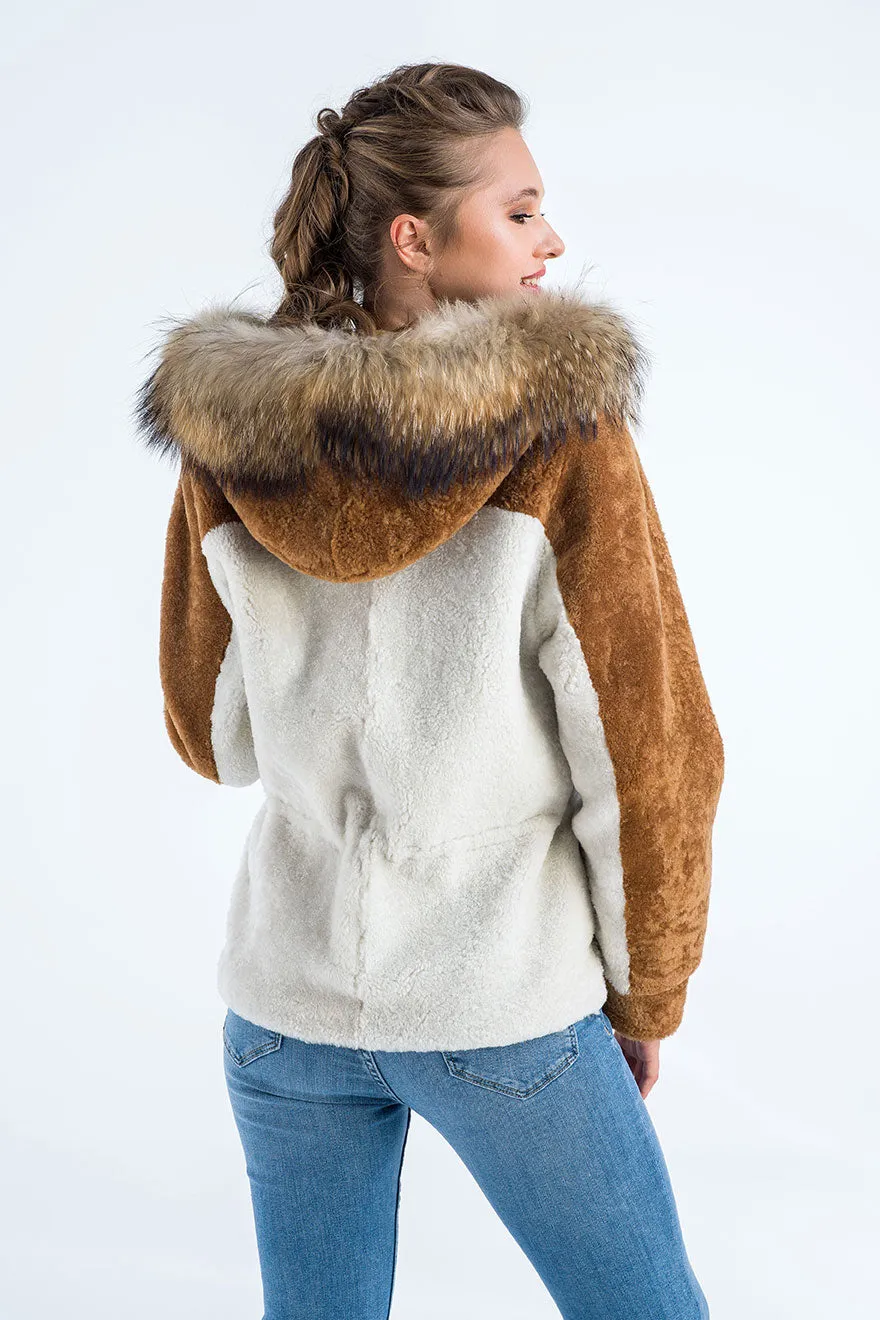 Cream Sheepskin Hooded Jacket with Racoon Fur Detailing