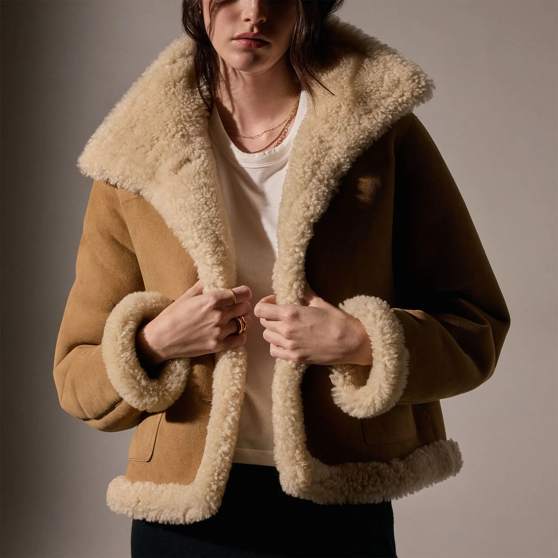 Cropped Shearling Jacket  - Caramel