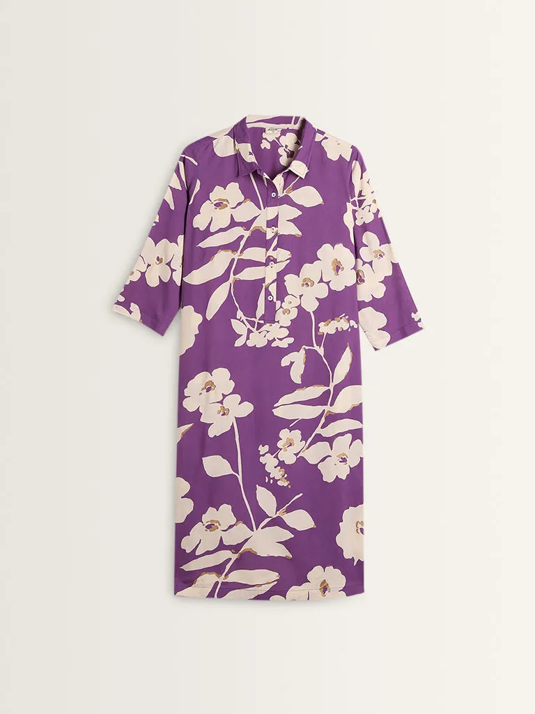 Diza Purple Floral Printed A-Line Cotton Kurta