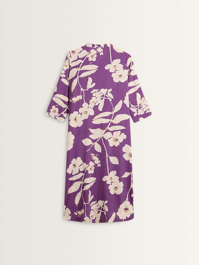 Diza Purple Floral Printed A-Line Cotton Kurta