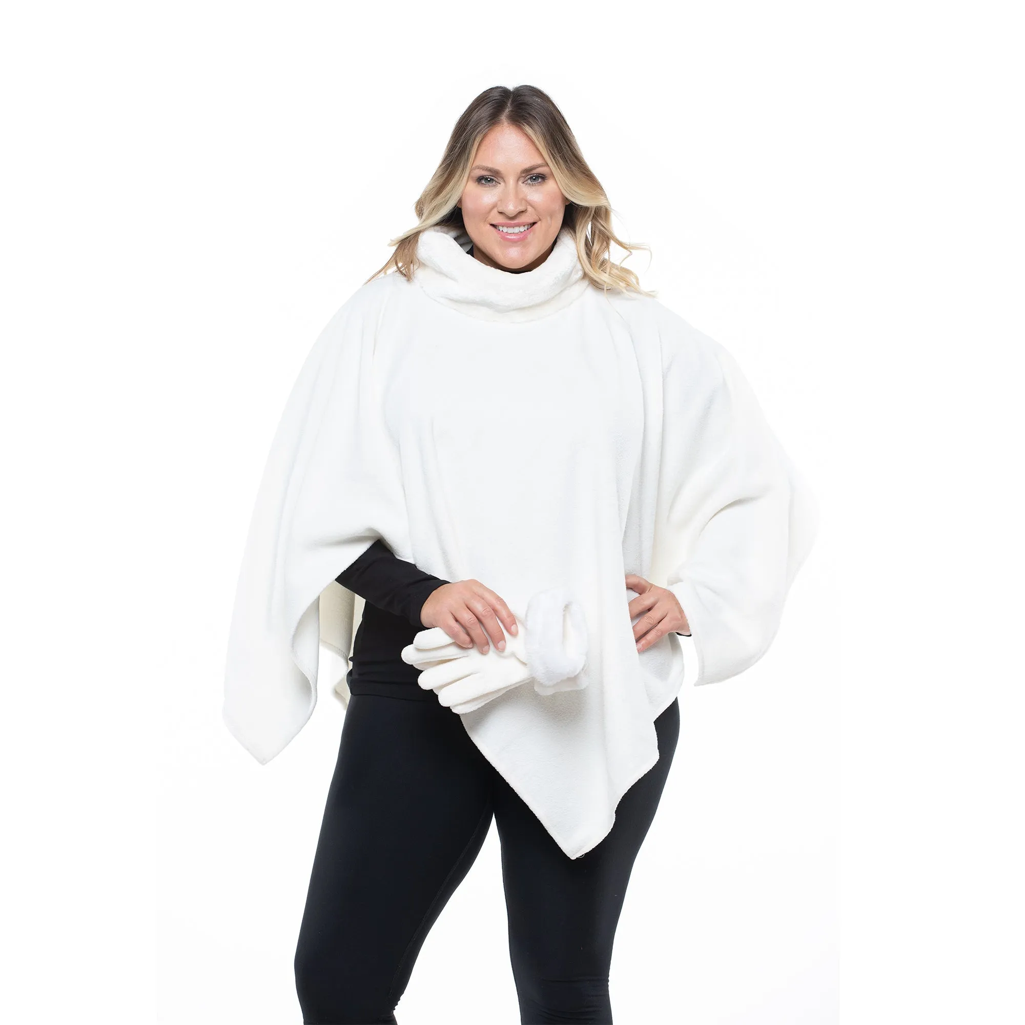 Donna Cozy Coat Fleece Poncho and Gloves Set with Faux Fur Trim