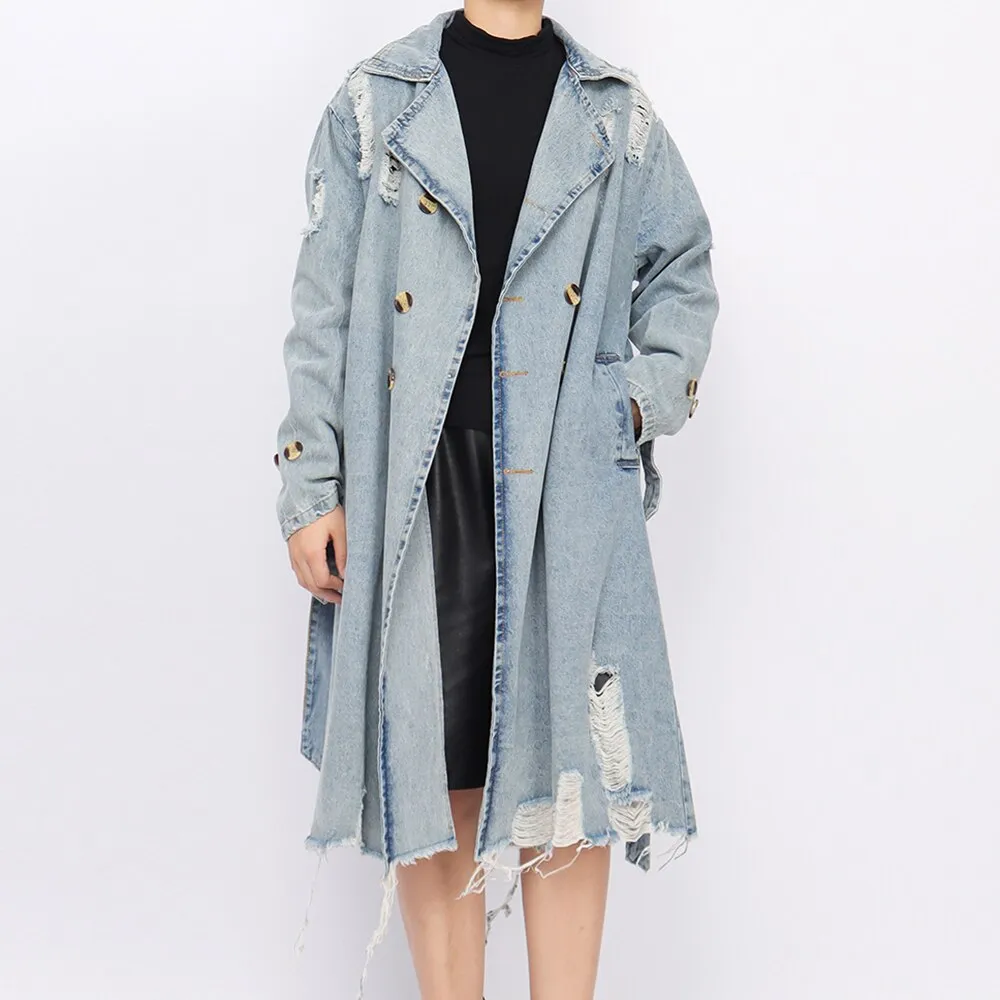 Double-Breasted Hollow Out Denim Trench Coat