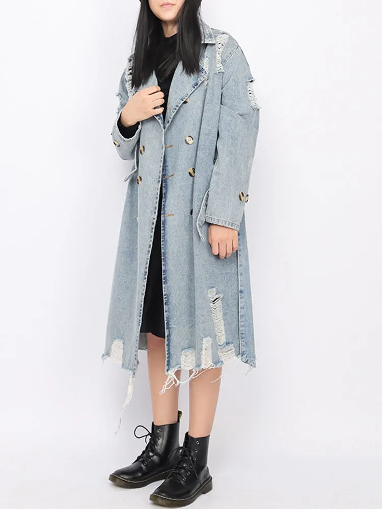 Double-Breasted Hollow Out Denim Trench Coat