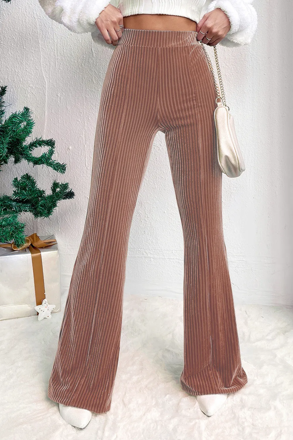 Dusty Pink Solid Colour High Waist Flare Corduroy Pants