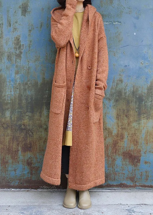 Elegant plus size maxi coat hooded jackets yellow double breast wool overcoat