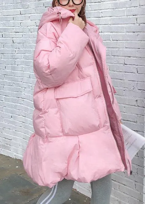 Elegant trendy plus size Jackets & Coats big pockets outwear pink thick hooded overcoat