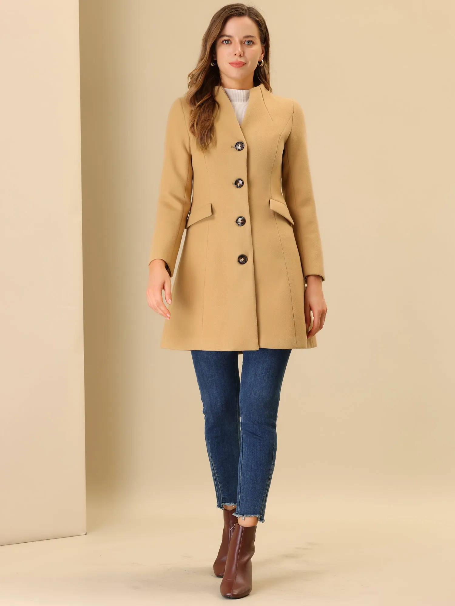 Elegant Winter Overcoat V Neck Single Breasted Long Coat