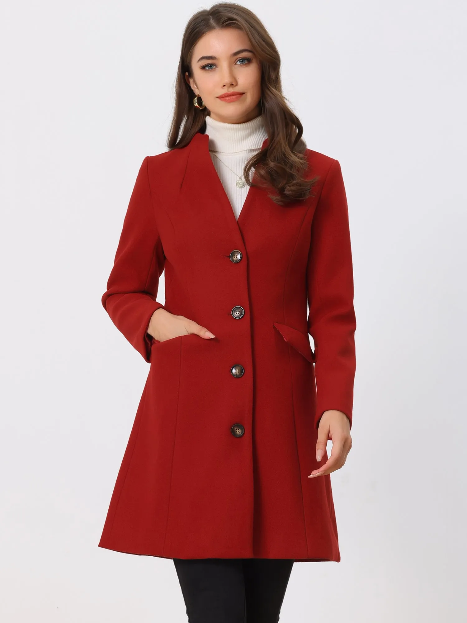 Elegant Winter Overcoat V Neck Single Breasted Long Coat