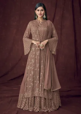 Fancy Fabric Brown Jacket Style Designer Lehenga Suit