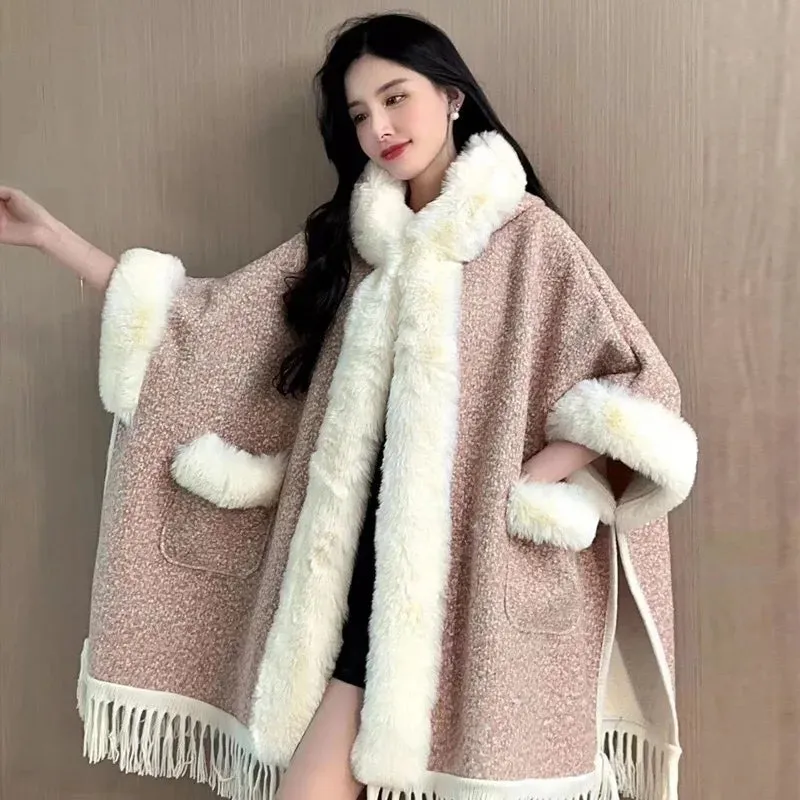 Faux Fur Cape Coat Over Sized Poncho Hooded  Loose Cardigan Shawl