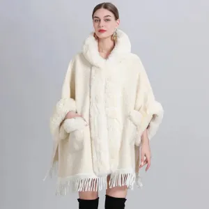 Faux Fur Cape Coat Over Sized Poncho Hooded  Loose Cardigan Shawl