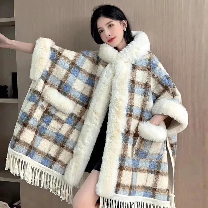 Faux Fur Cape Coat Over Sized Poncho Hooded  Loose Cardigan Shawl