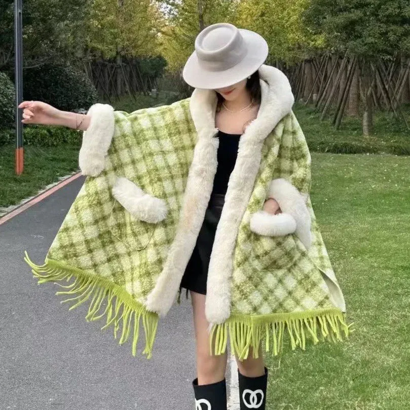 Faux Fur Cape Coat Over Sized Poncho Hooded  Loose Cardigan Shawl