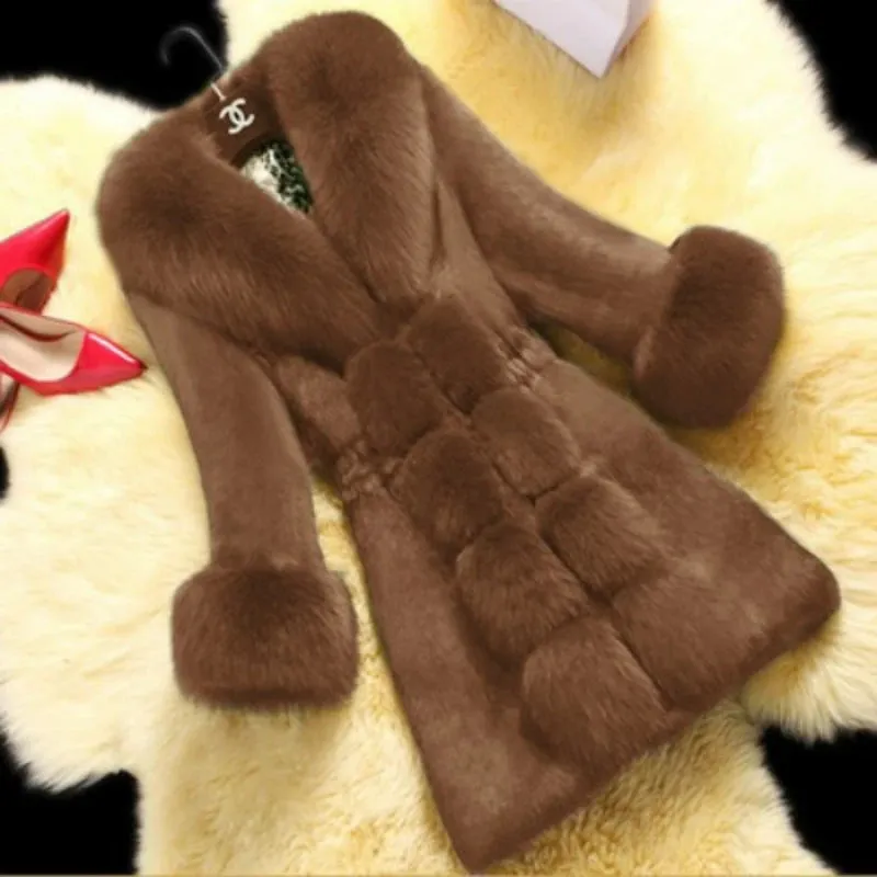 Faux Fur Coat for Women Fashion Faux Rabbit Fur Medium Length Fur Collar Coat