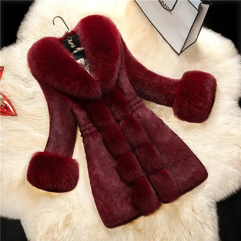 Faux Fur Coat for Women Fashion Faux Rabbit Fur Medium Length Fur Collar Coat