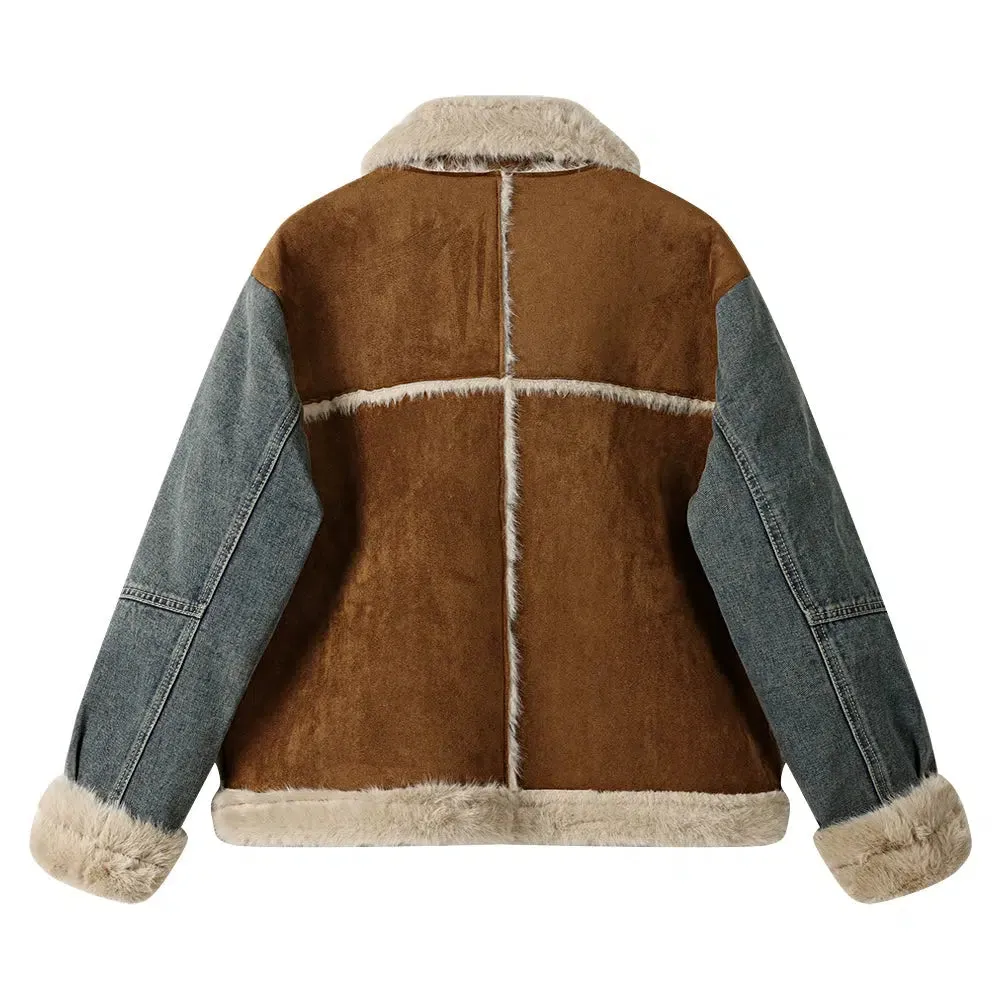 Faux Fur Denim Trim Coat