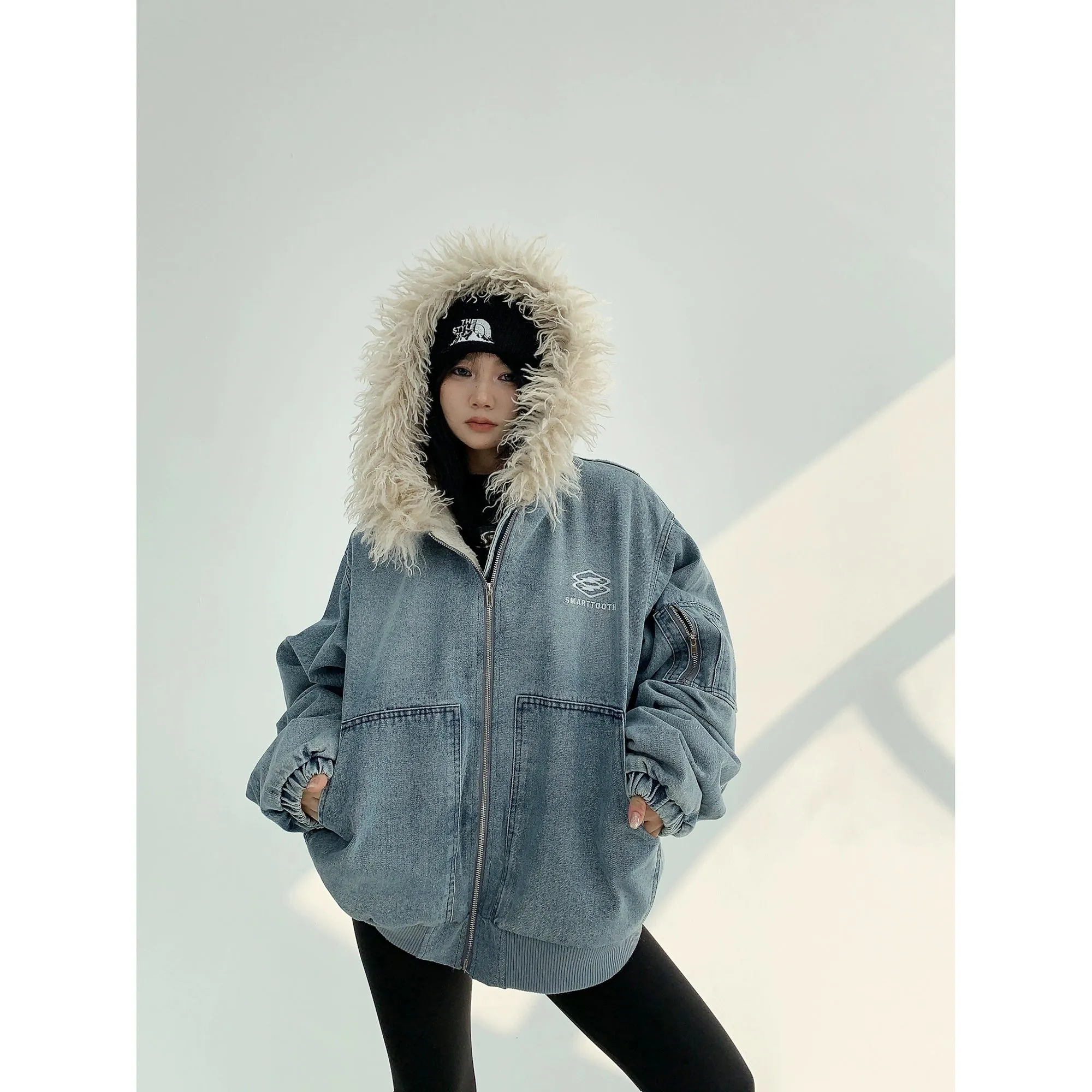 Faux Fur Trim Hooded Denim Coat